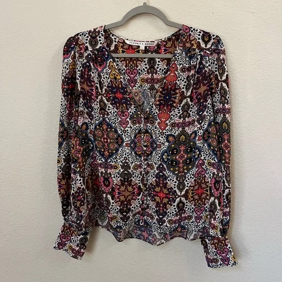 VERONICA BEARD | Sura Printed Crepe de Chine Blouse in Multicolor | Size 4 - Picture 6 of 13